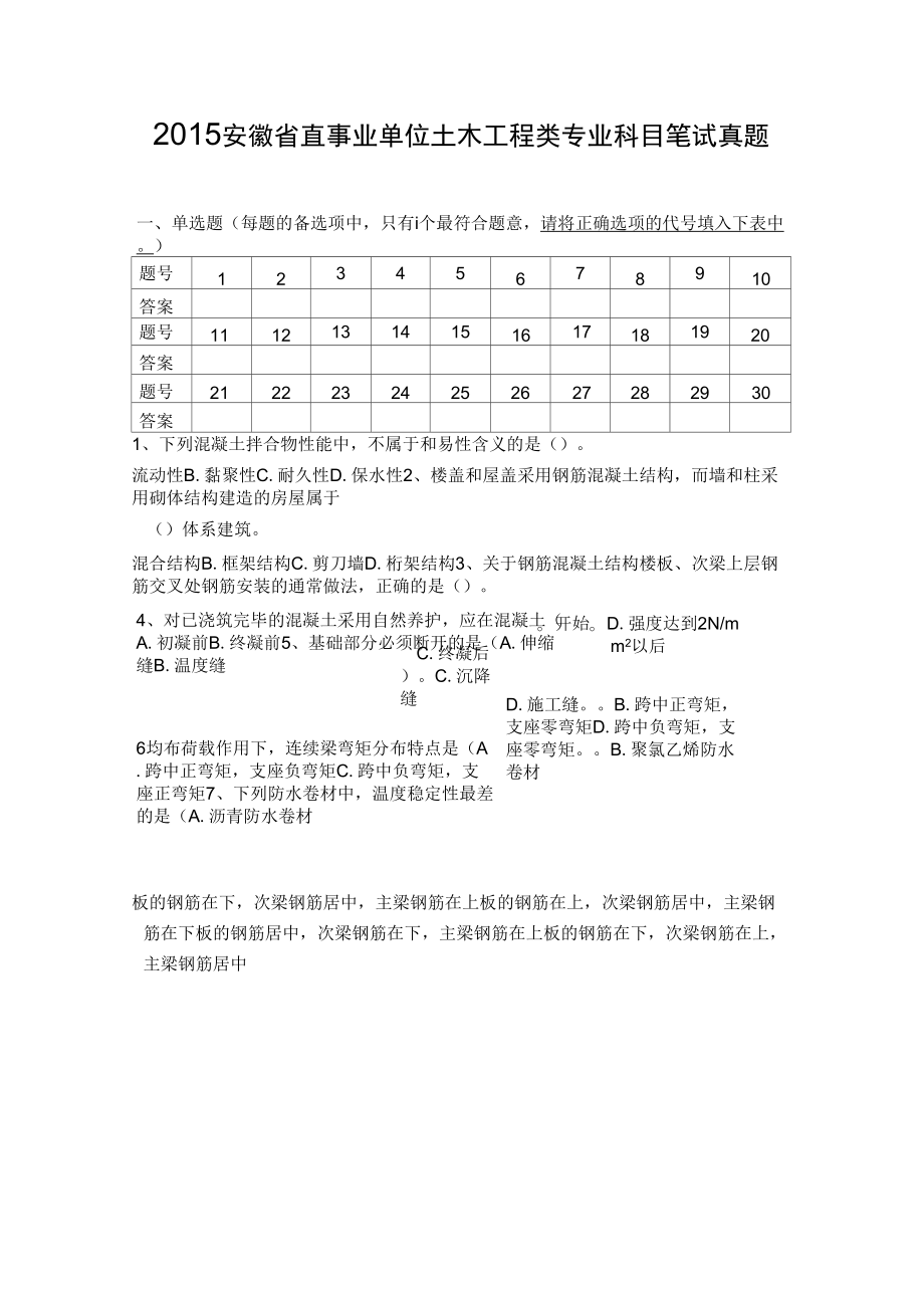 2015安徽省直事业单位土木工程类专业科目笔试真题分析_第1页