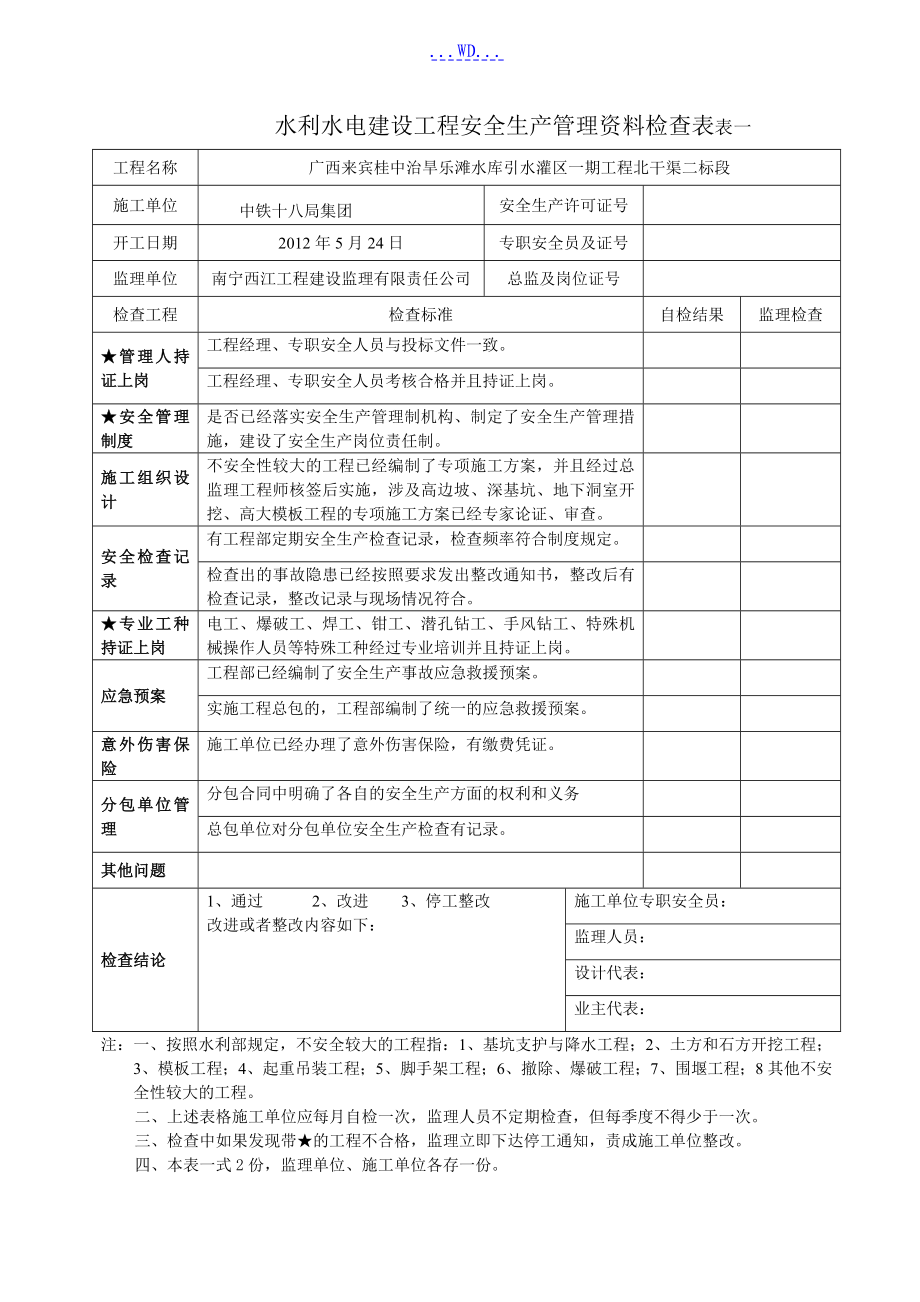 水利水电建设工程安全生产检查表_第1页