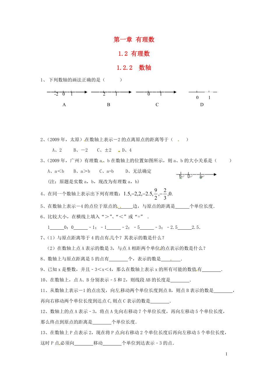 七年級數(shù)學上冊 第一章 有理數(shù) 1.2 有理數(shù)1.2.2 數(shù)軸練習（新版）新人教版_第1頁