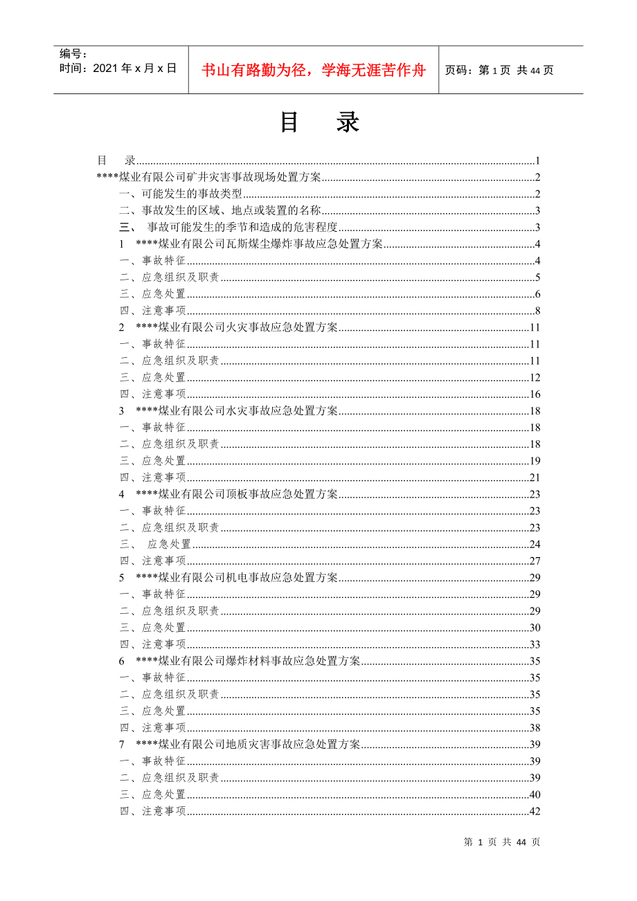 煤业有限公司矿井灾害事故现场处置方案_第1页