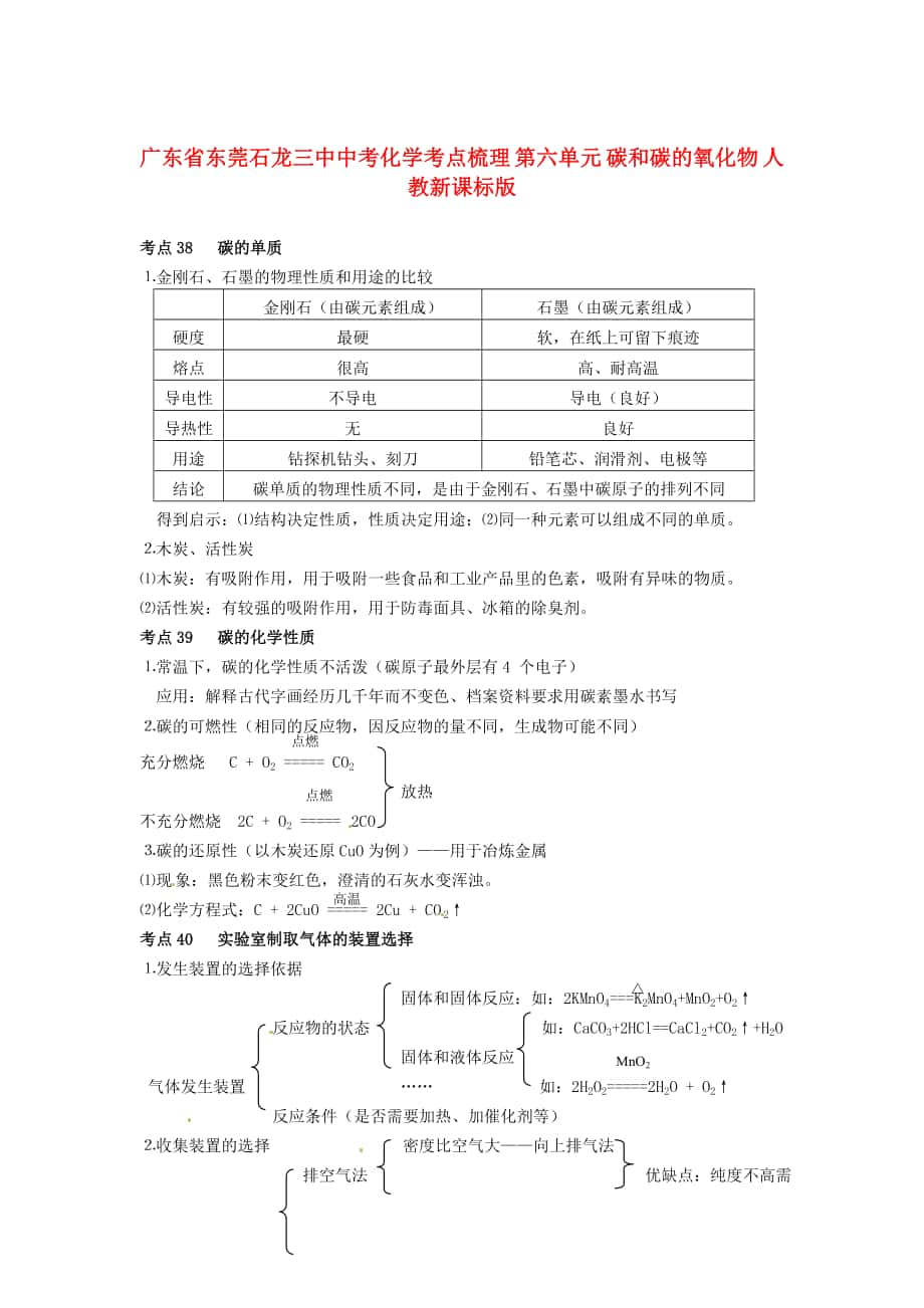 廣東省東莞石龍三中中考化學(xué)考點(diǎn)梳理第六單元碳和碳的氧化物人教新課標(biāo)版_第1頁(yè)