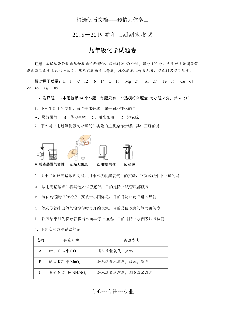 2018-2019学年郑州市九年级化学上期期末考试_第1页