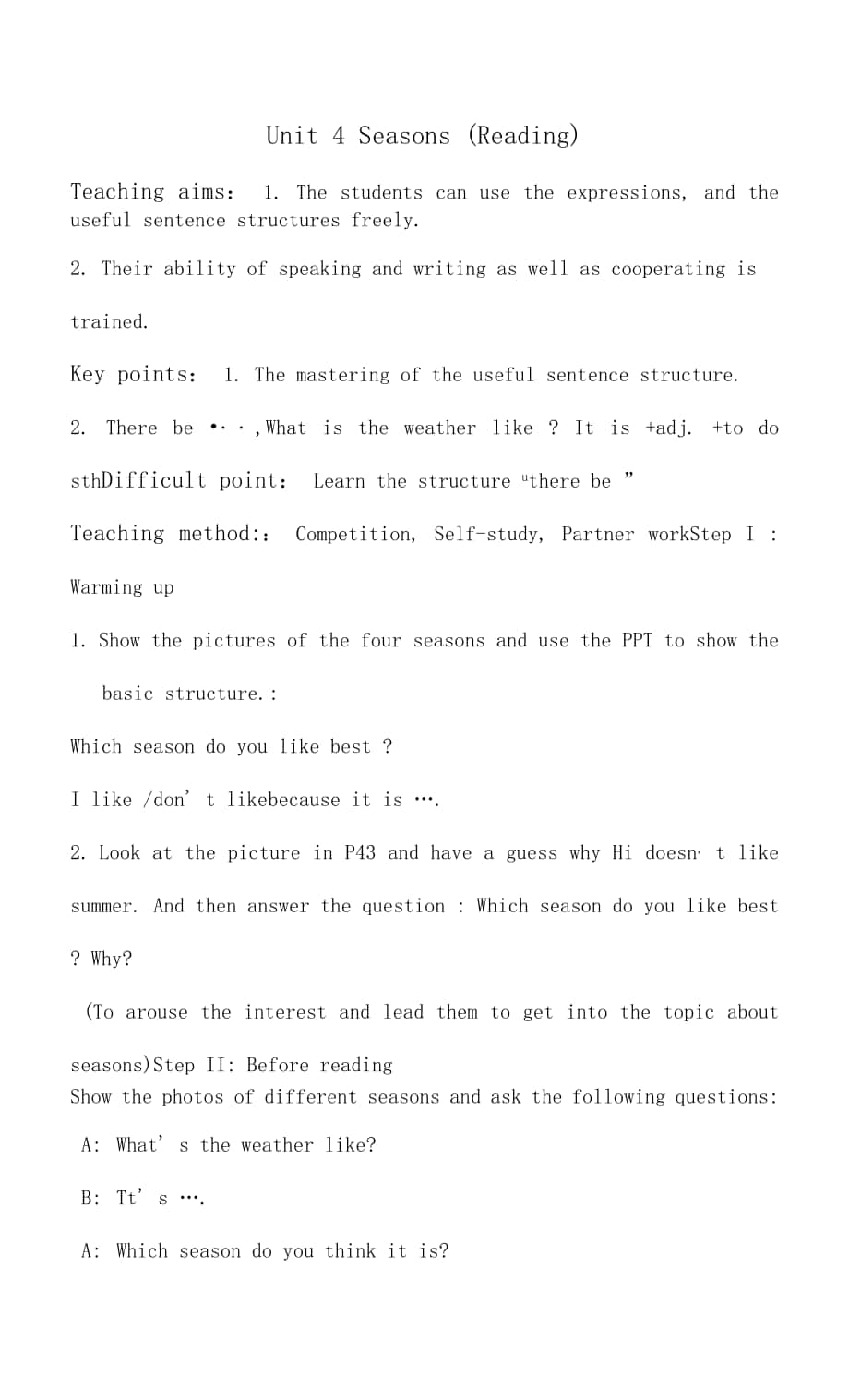 Unit 4 Seasons (Reading)教學(xué)設(shè)計(jì).docx_第1頁