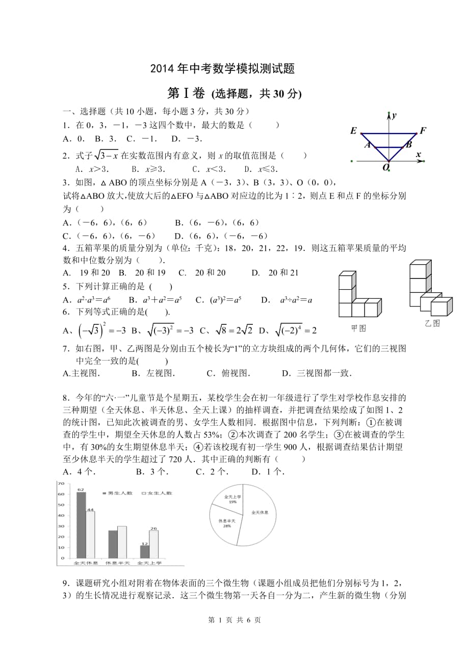 2014年中考承诺班数学模拟测试题_第1页
