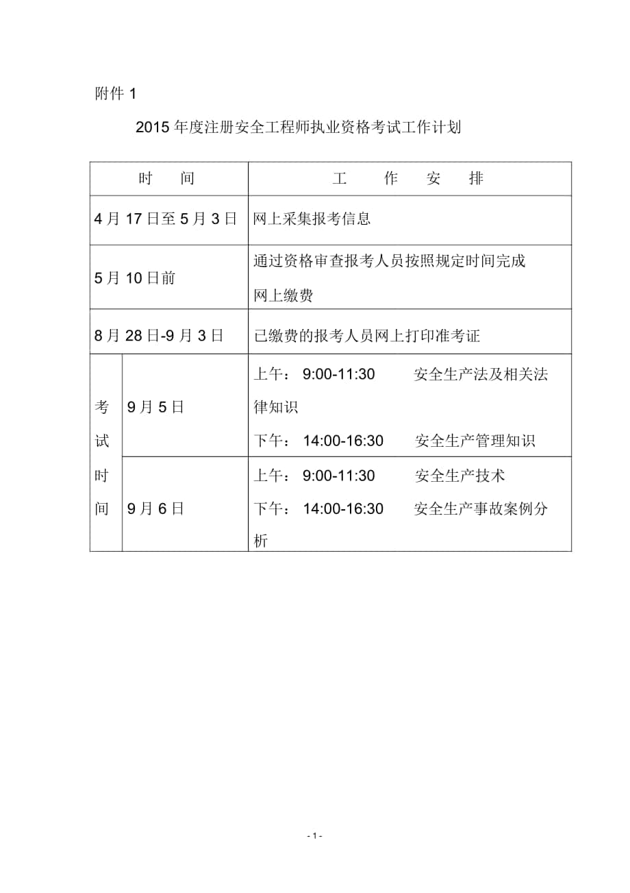 2015年注册安全工程师执业资格考试工作计划_第1页