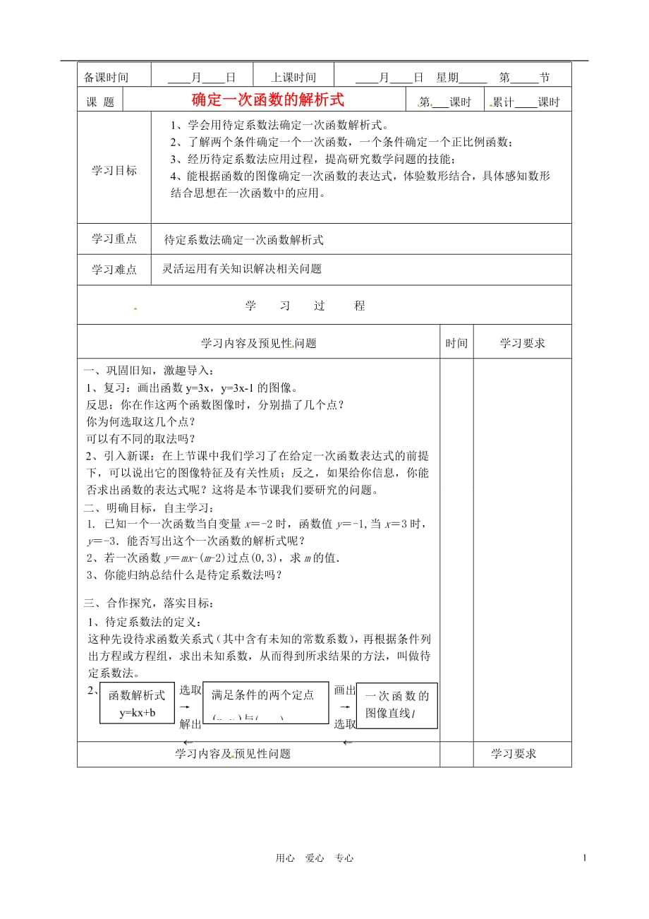 湖南省望城縣金海雙語實驗學(xué)校八年級數(shù)學(xué)確定一次函數(shù)的解析式導(dǎo)學(xué)案無答案人教新課標版_第1頁