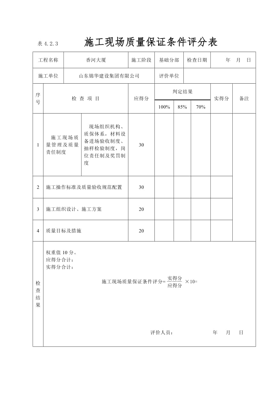 建筑工程施工质量评价标准表格_第1页