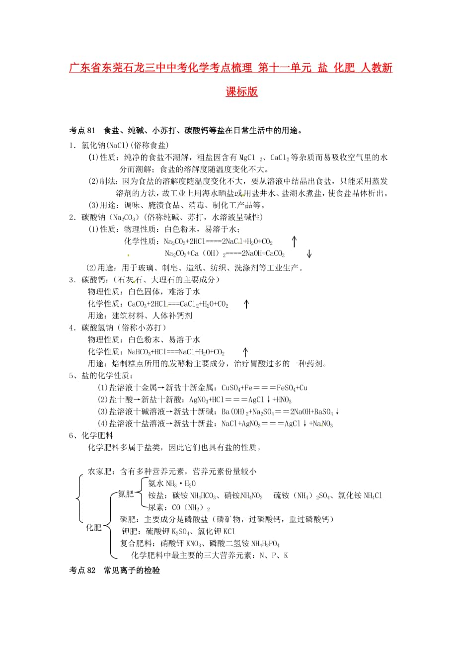 廣東省東莞石龍三中中考化學考點梳理第十一單元鹽化肥人教新課標版_第1頁