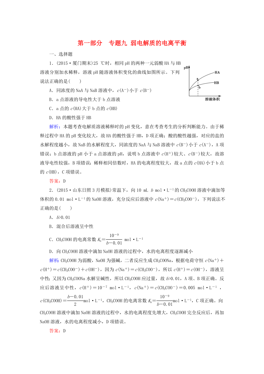 高考化學(xué)二輪復(fù)習(xí) 專題9 弱電解質(zhì)的電離平衡練習(xí)_第1頁