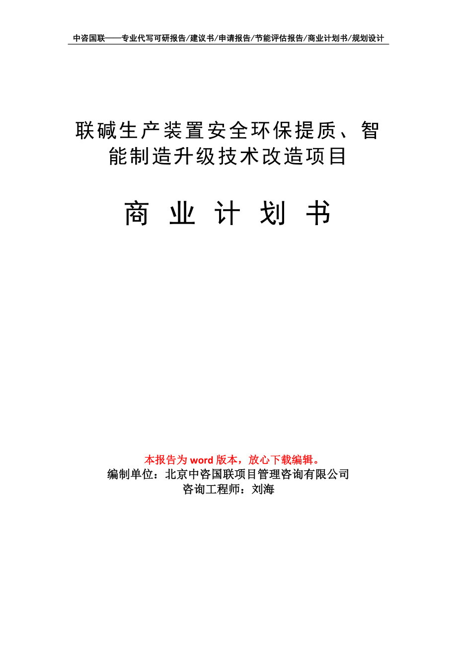 聯(lián)堿生產(chǎn)裝置安全環(huán)保提質(zhì)、智能制造升級技術(shù)改造項目商業(yè)計劃書寫作模板_第1頁