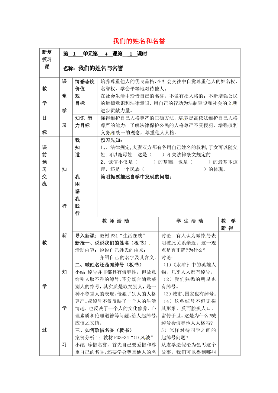 江蘇省大豐市劉莊鎮(zhèn)三圩初級中學七年級政治上冊第4課第1框我們的姓名和名譽教案蘇教版_第1頁