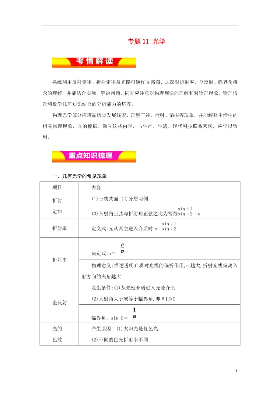 2018年高考物理二轮复习 专题11 光学教学案_第1页