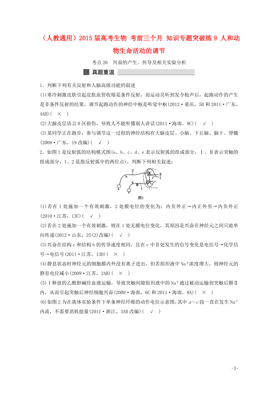 （人教通用）2015屆高考生物 考前三個月 知識專題突破練9 人和動物生命活動的調(diào)節(jié)考點26　興奮的產(chǎn)生、傳導(dǎo)及相關(guān)實驗分析_第1頁