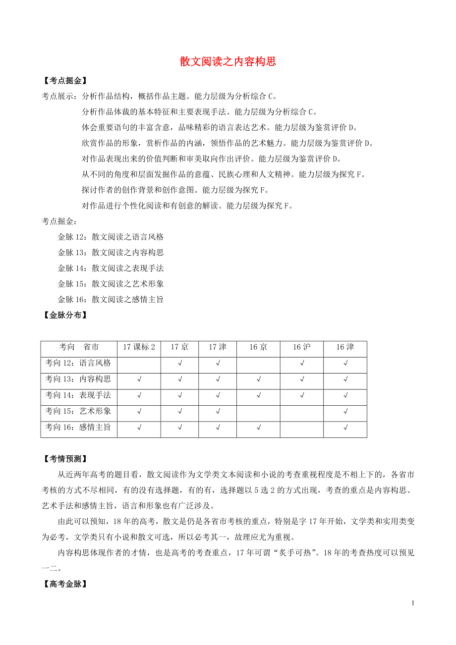 備戰(zhàn)2018年高考語文一輪復(fù)習(xí) 考點掘金系列 金脈13 散文閱讀之內(nèi)容構(gòu)思（含解析）_第1頁