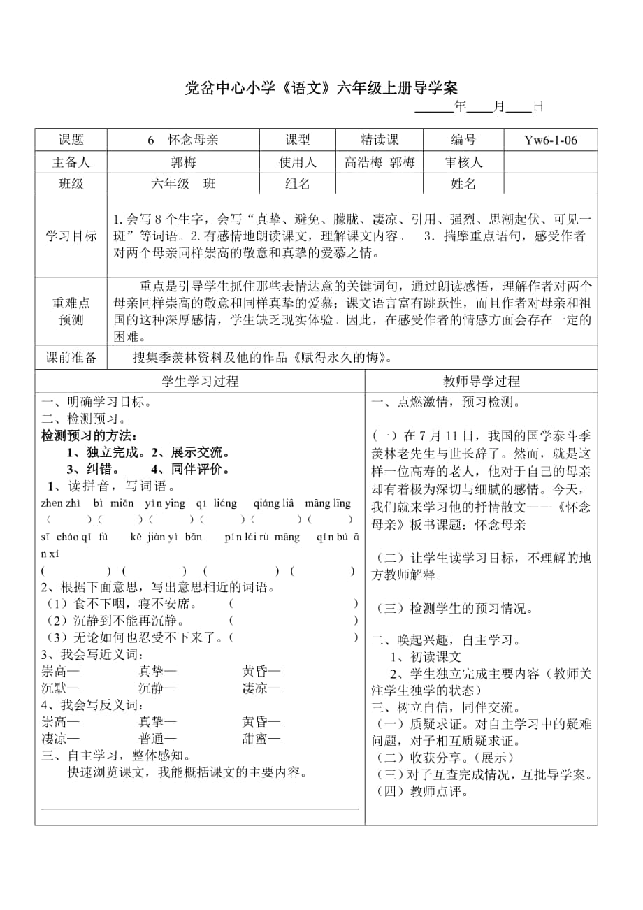 6怀念母亲导学案模板_第1页