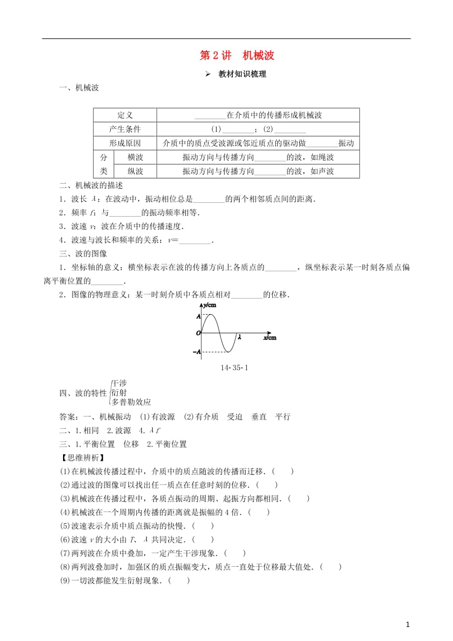 2018年高考物理一輪復(fù)習(xí) 第十四章 機(jī)械振動(dòng)與機(jī)械波光電磁波與相對(duì)論 第2講 機(jī)械波教學(xué)案（含解析）.doc_第1頁