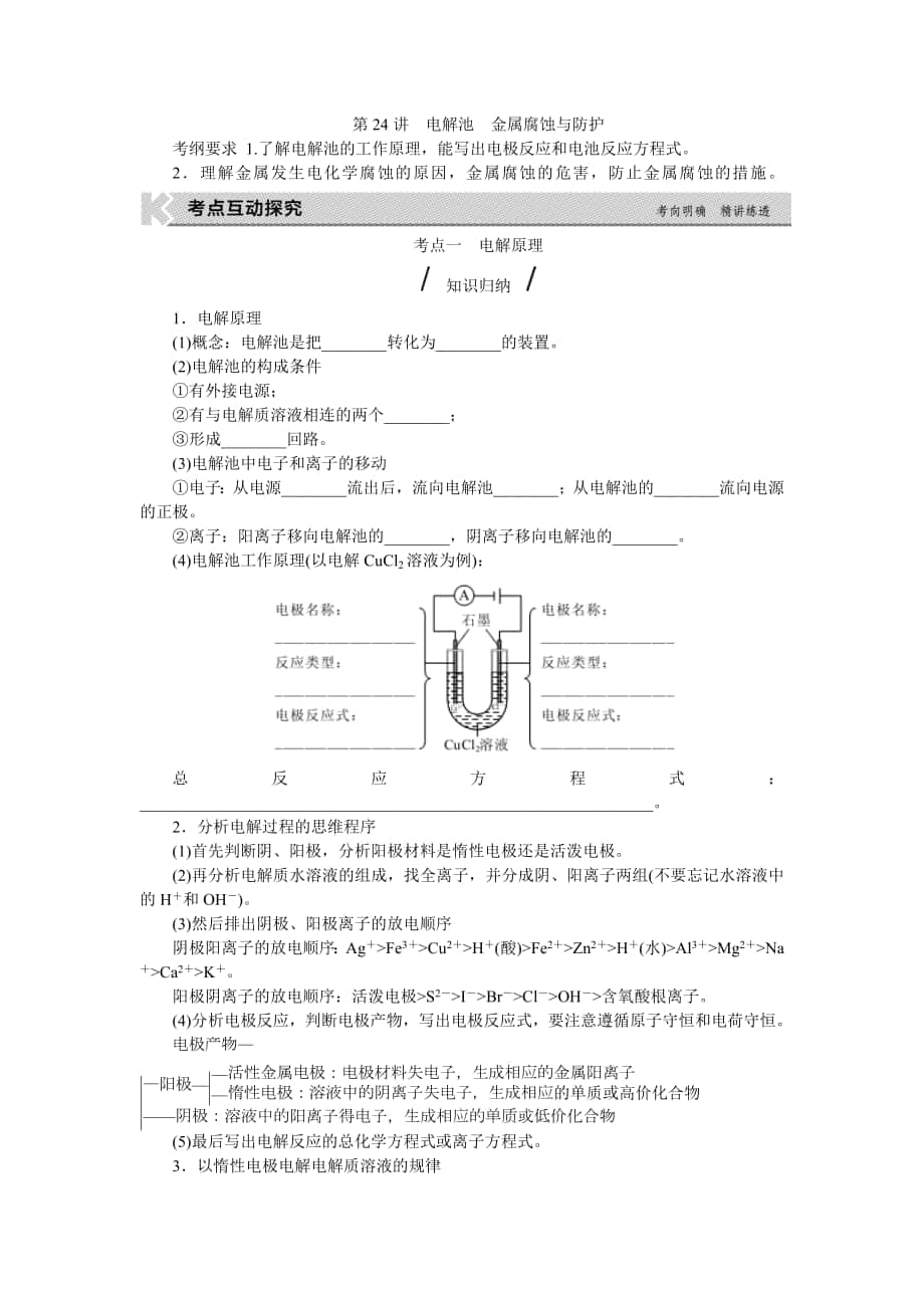 《高考復(fù)習(xí)方案》高考化學(xué)（全國卷人教）一輪復(fù)習(xí)聽課手冊第6單元化學(xué)反應(yīng)與能量第24講電解池　金屬腐蝕與防護Word版無答案_第1頁