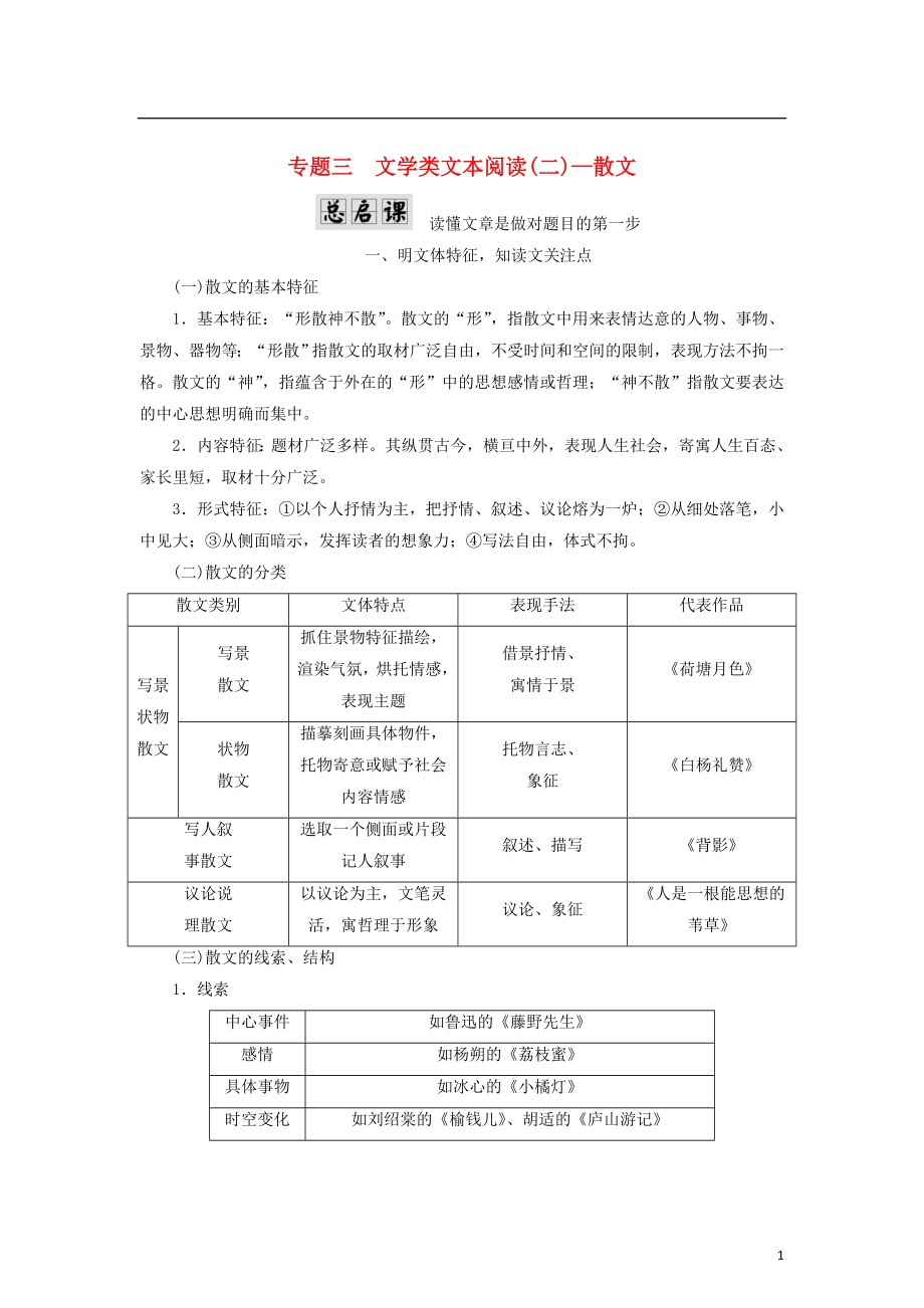 2018年高考語文一輪復(fù)習(xí) 第一板塊 現(xiàn)代文閱讀 專題三 文學(xué)類文本閱讀（二）-散文講學(xué)案 新人教版_第1頁