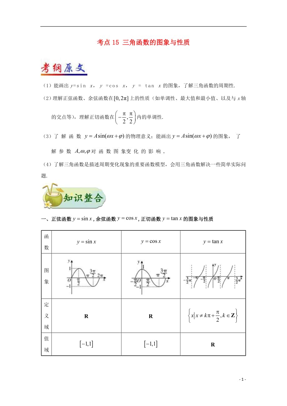 （全國通用）2018年高考數(shù)學(xué) 考點(diǎn)一遍過 專題15 三角函數(shù)的圖象與性質(zhì)（含解析）理_第1頁