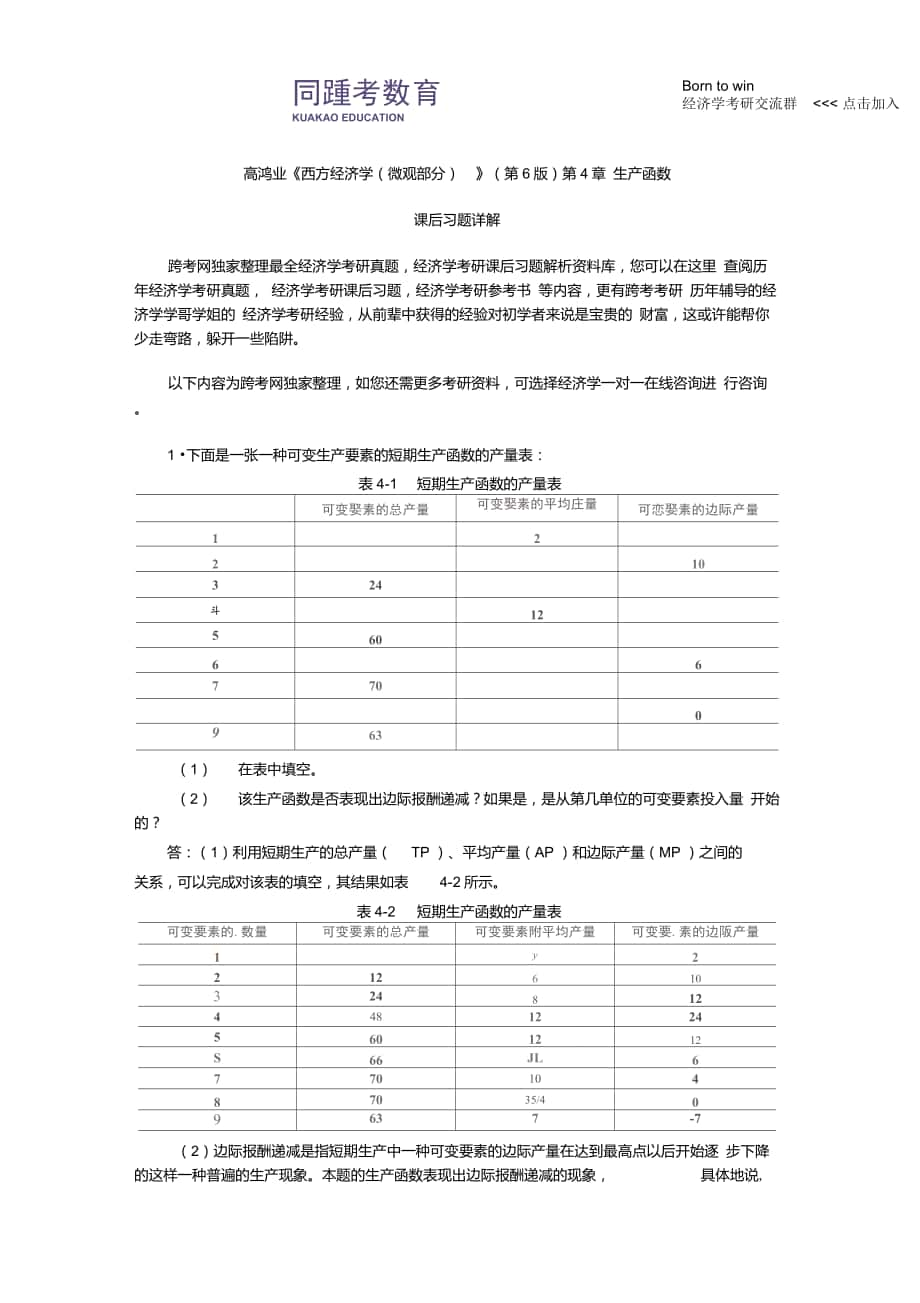 高鴻業(yè)《西方經(jīng)濟學(微觀部分)》(第6版)課后習題詳解(第4章生產(chǎn)函數(shù))_第1頁