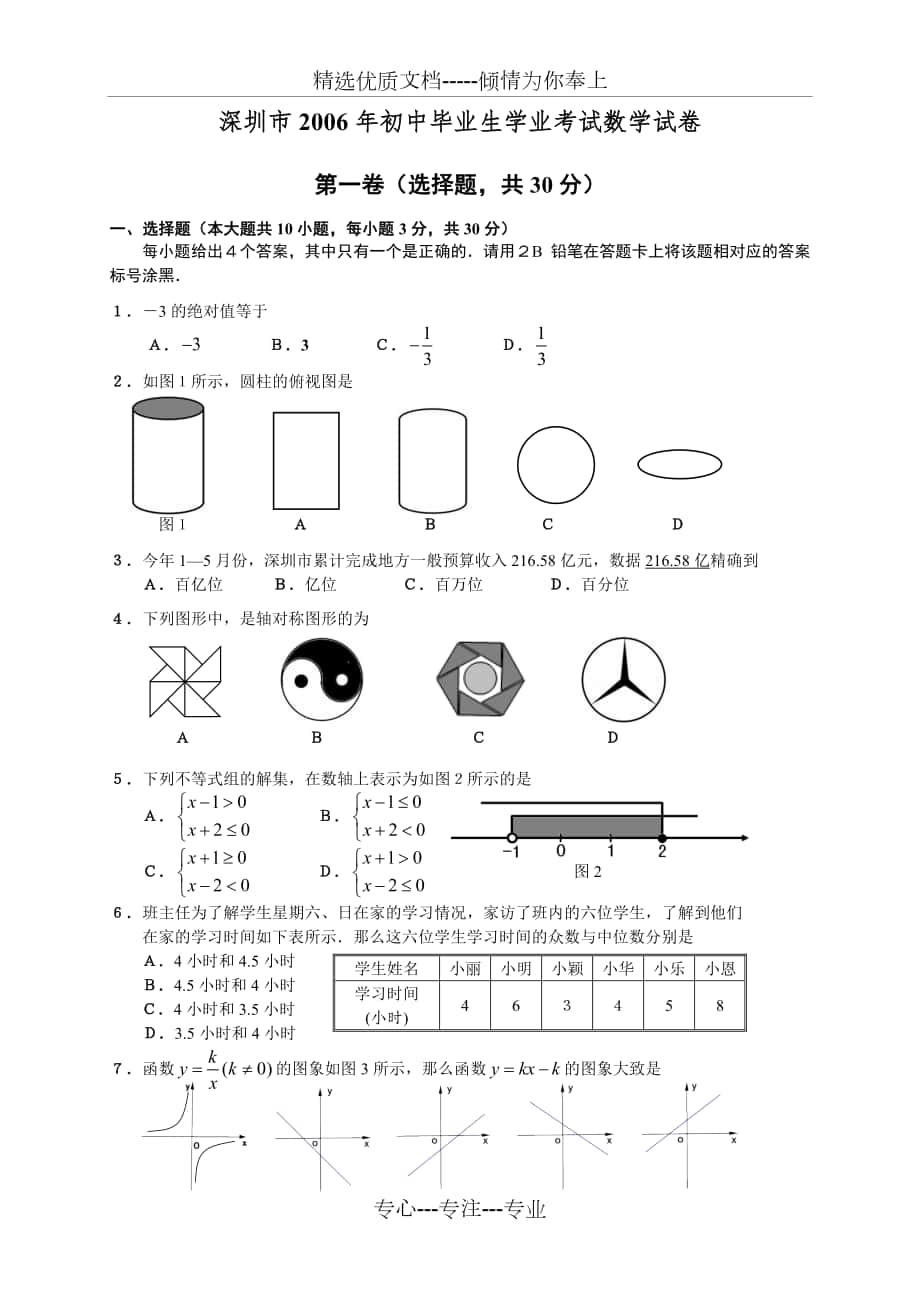 深圳市近10年中考数学试题及答案(2006-2015年)_第1页