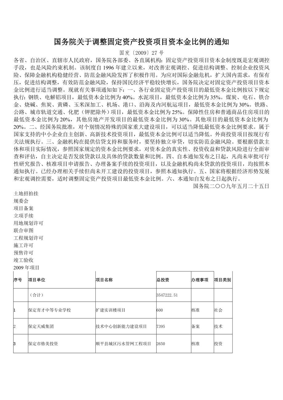 国务院关于调整固定资产投资项目资本金比例的通知_第1页