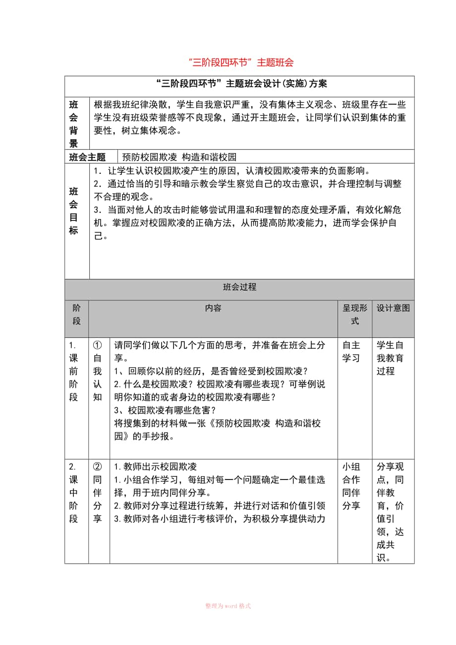 三阶段四环节主题班会设计方案--Word文档_第1页