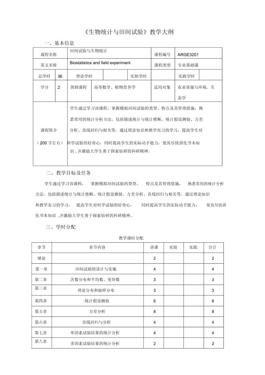 南京农业大学课程教学大纲格式与要求_第1页