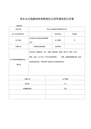 萍乡众大高新材料有限责任公司环境信息公开表
