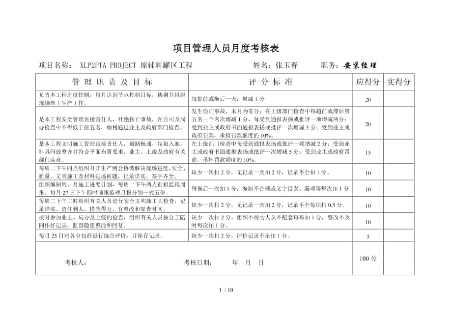 项目管理人员月度考核表_第1页