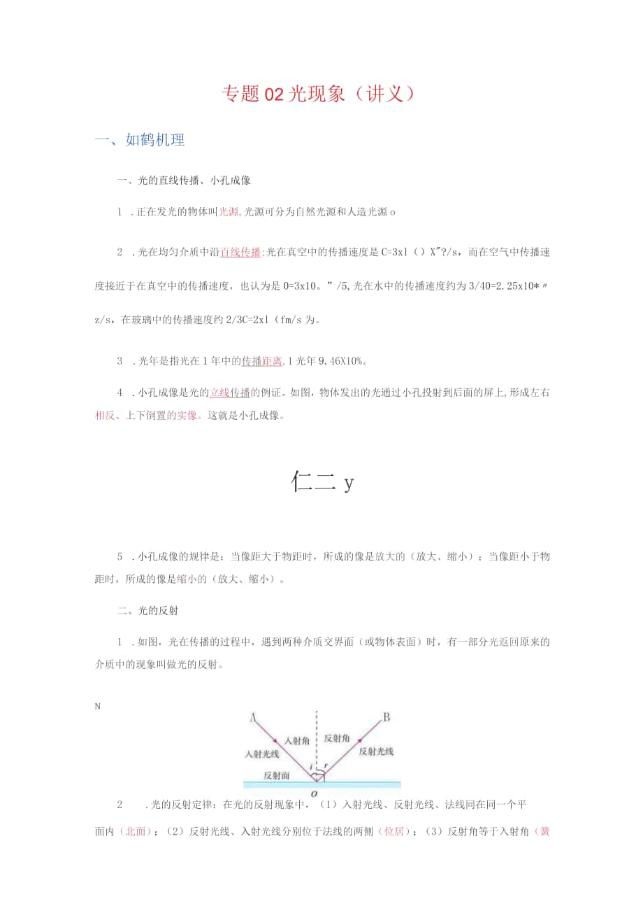 2022年九年级物理辅导讲义与练习：专题02 光现象（学生版+解析版）_第1页