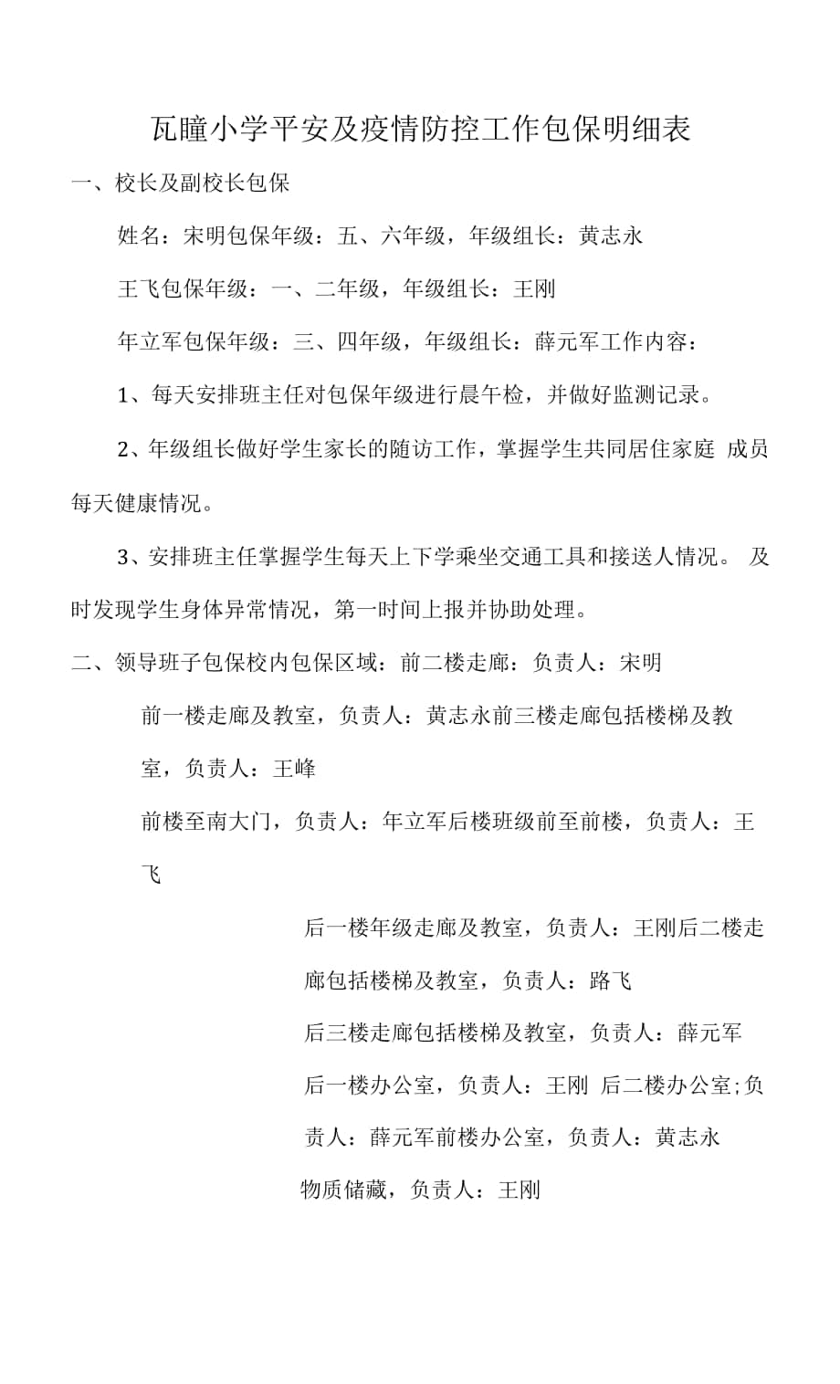 瓦疃小学安全及疫情防控包保明细表.docx_第1页