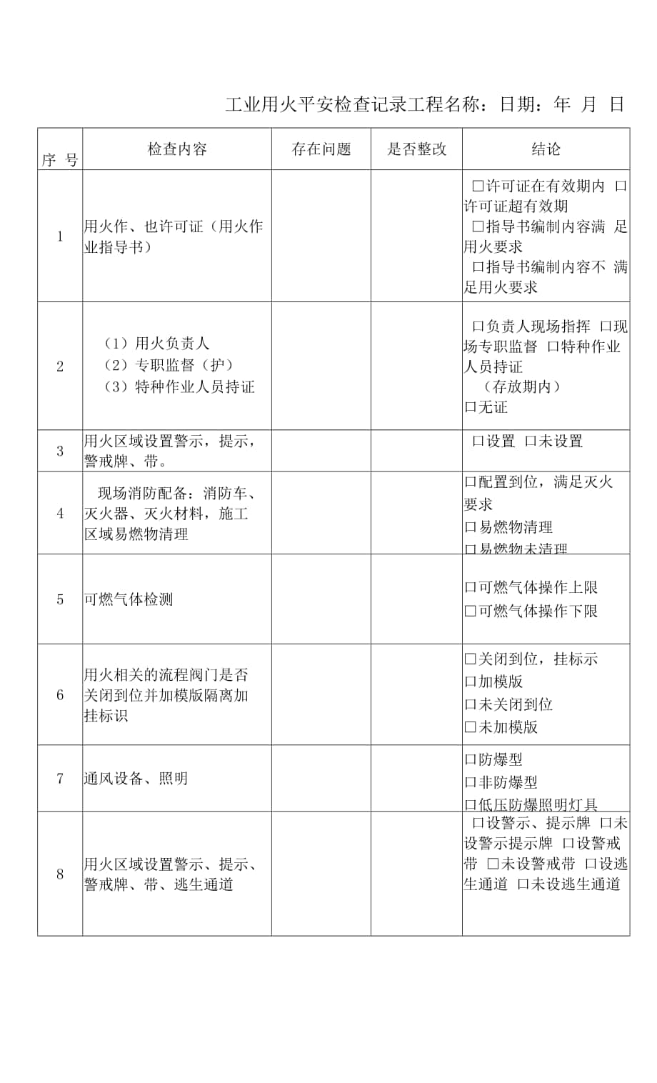 建設(shè)工程安全檢查記錄 -工業(yè)用火.docx_第1頁