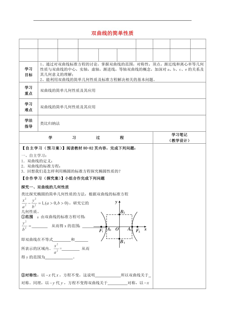 2013年陜西省延長縣中學(xué)高二數(shù)學(xué)學(xué)案：《雙曲線的簡單性質(zhì)》（新人教A版選修2-1）_第1頁