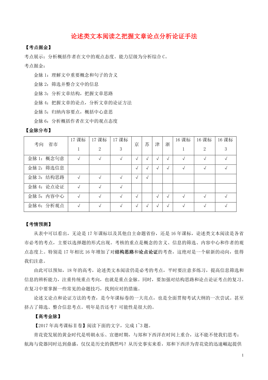 備戰(zhàn)2018年高考語文一輪復(fù)習(xí) 考點(diǎn)掘金系列 金脈04 論述類文本閱讀之把握文章論點(diǎn)分析論證手法（含解析）.doc_第1頁