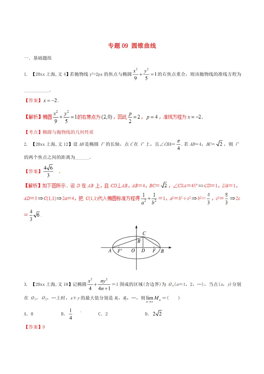 上海版高考數(shù)學(xué) 分項匯編 專題09 圓錐曲線含解析文_第1頁