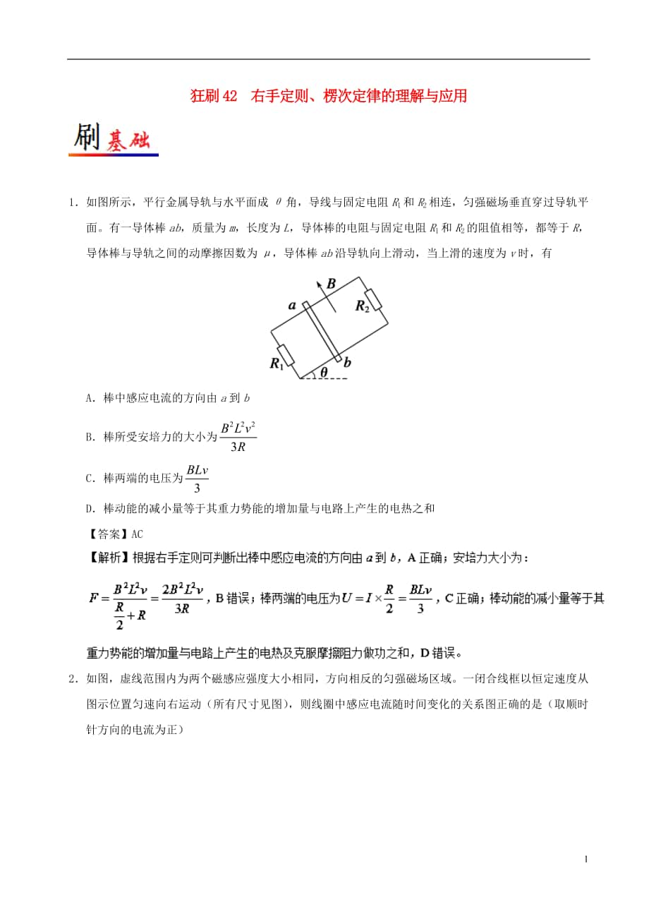 2017-2018學(xué)年高考物理 專題42 右手定則、楞次定律的理解與應(yīng)用小題狂刷_第1頁(yè)