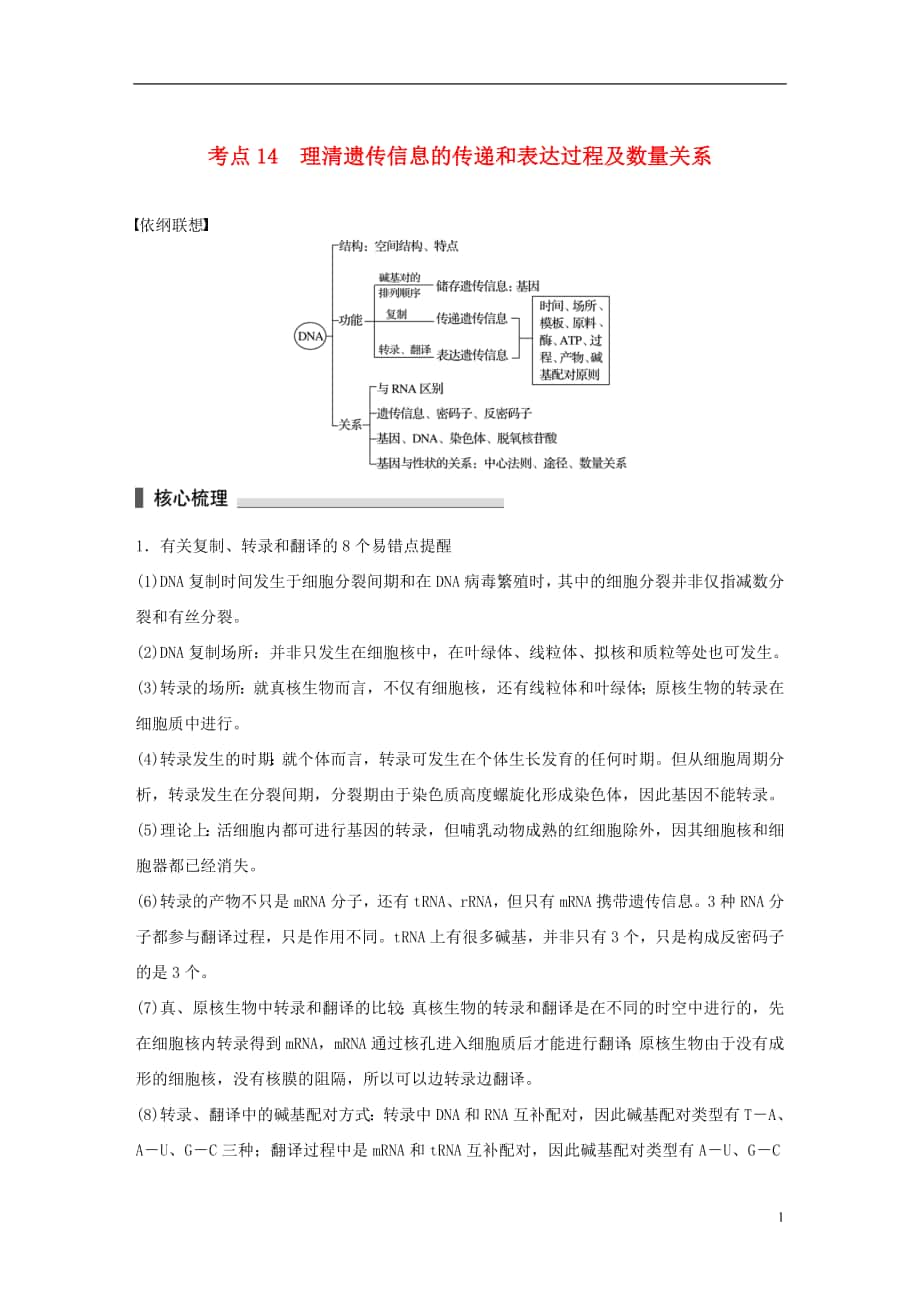 2016版高考生物二轮复习 考前三个月 专题4 遗传的分子基础 考点14 理清遗传信息的传递和表达过程及数量关系_第1页