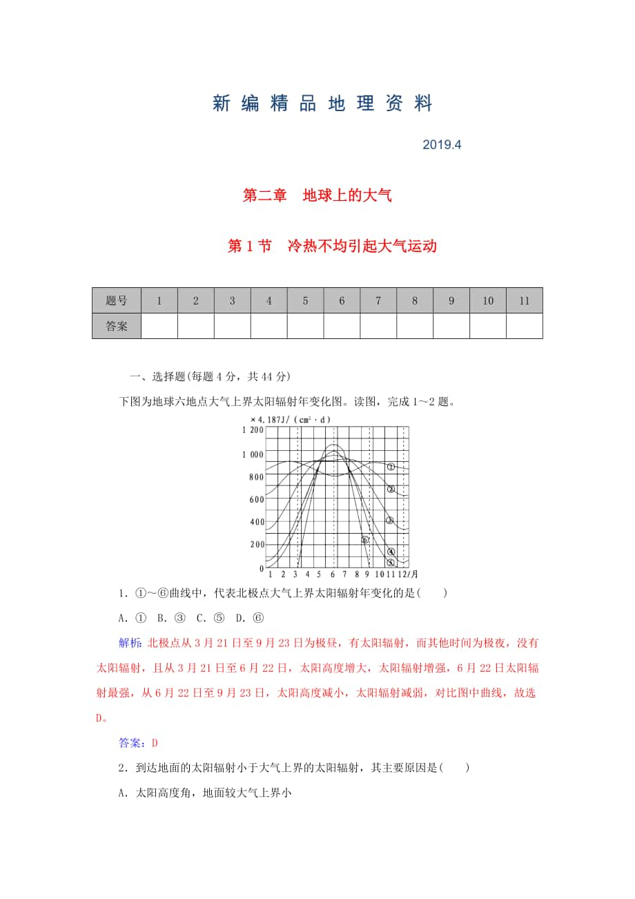 新编学案 高考地理一轮复习 2.1冷热不均引起大气运动课时作业含解析_第1页