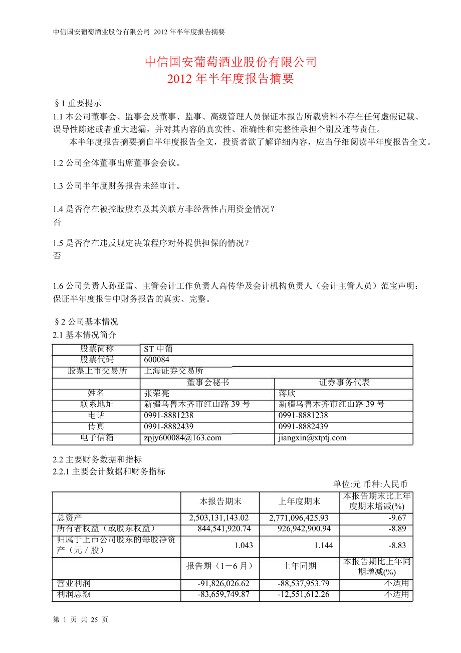 600084ST中葡半年报摘要_第1页