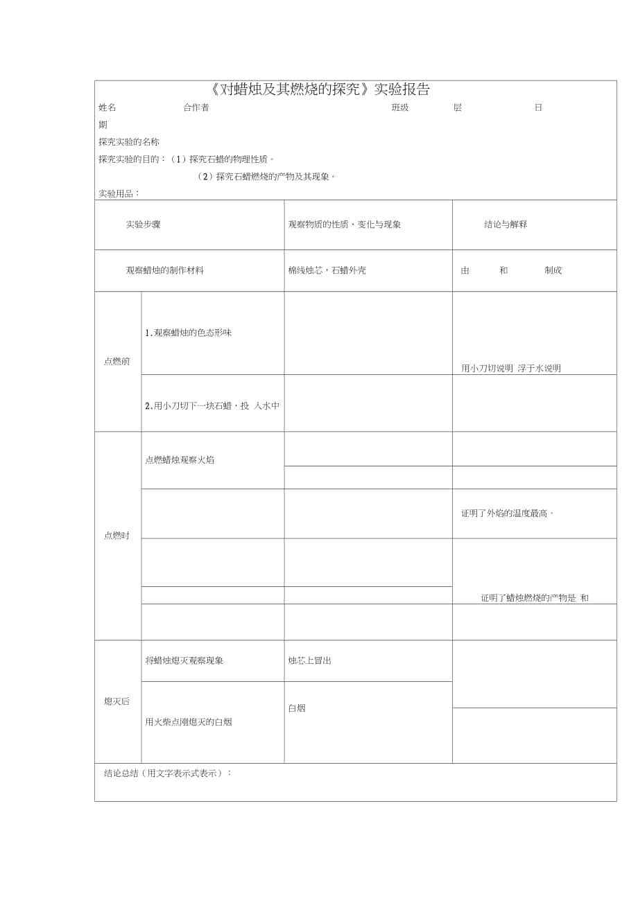 初中化學(xué)科學(xué)九年級(jí)《對(duì)蠟燭及其燃燒的探究》實(shí)驗(yàn)報(bào)告導(dǎo)學(xué)案_第1頁(yè)