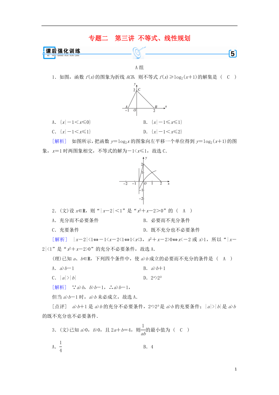 2018年高考數(shù)學二輪復習 專題2 函數(shù)、不等式、導數(shù) 第3講 不等式、線性規(guī)劃課后強化訓練_第1頁