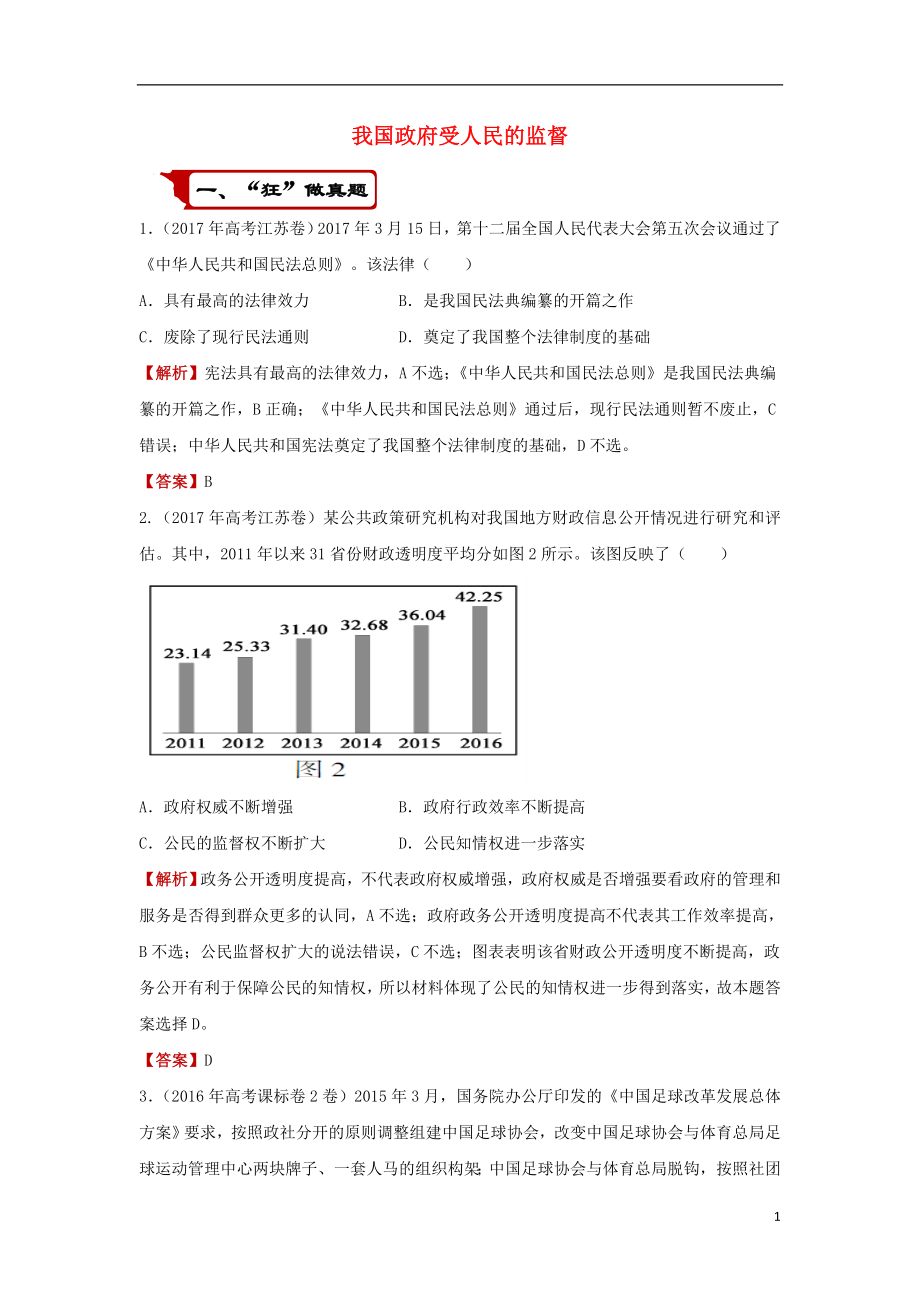 2018屆高考政 治二輪復(fù)習(xí) 瘋狂專練15 我國(guó)政府受人民的監(jiān)督（含解析）_第1頁(yè)