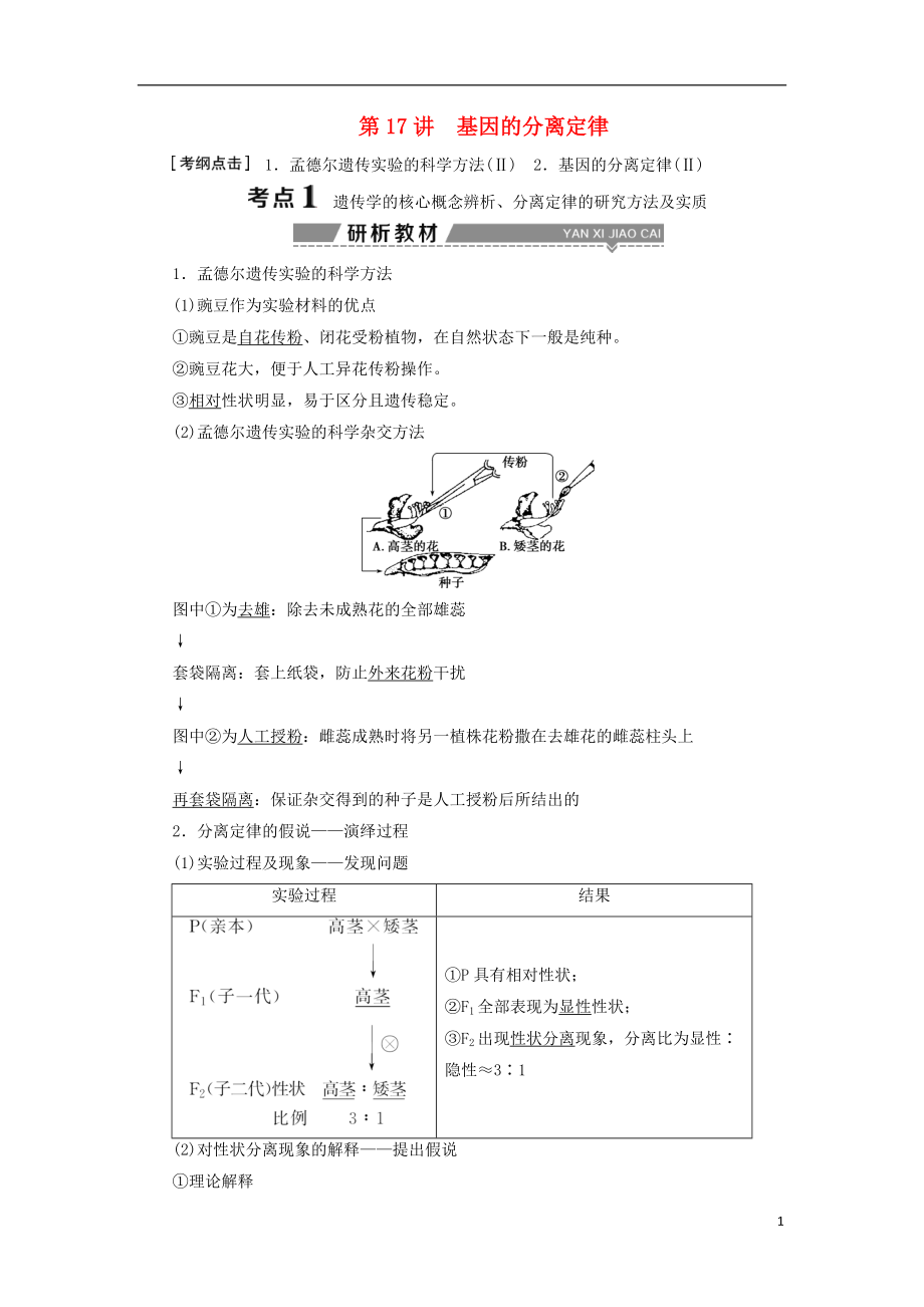 （全國）2018版高考生物大一輪復(fù)習(xí) 第五單元 遺傳的基本規(guī)律與伴性遺傳 第17講 基因的分離定律學(xué)案_第1頁