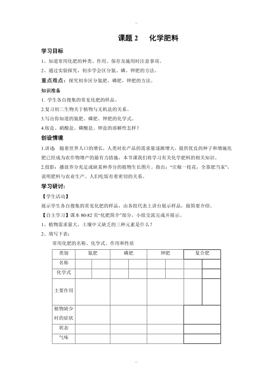 人教版九年級下化學(xué)學(xué)案 第九單元 溶液課題2化學(xué)肥料_第1頁