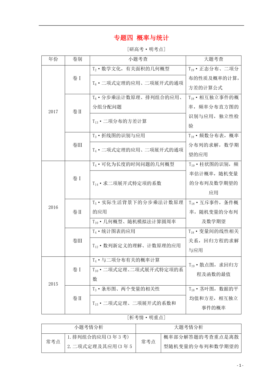 （通用版）2018年高考數(shù)學(xué)二輪復(fù)習(xí) 第一部分 專題四 概率與統(tǒng)計(jì)教學(xué)案 理.doc_第1頁