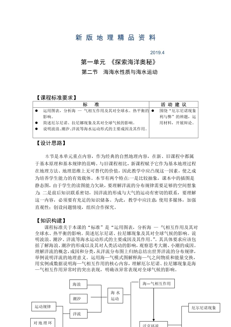 新版高二鲁教版地理选修二海洋地理 1.2海水性质与海水运动原创教案第二课时_第1页