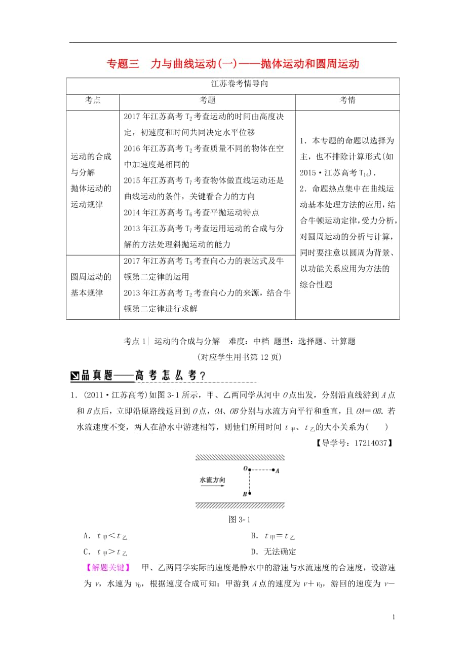 （江蘇專版）2018版高考物理二輪復(fù)習 第一部分 專題三 力與曲線運動（一）——拋體運動和圓周運動學(xué)案_第1頁