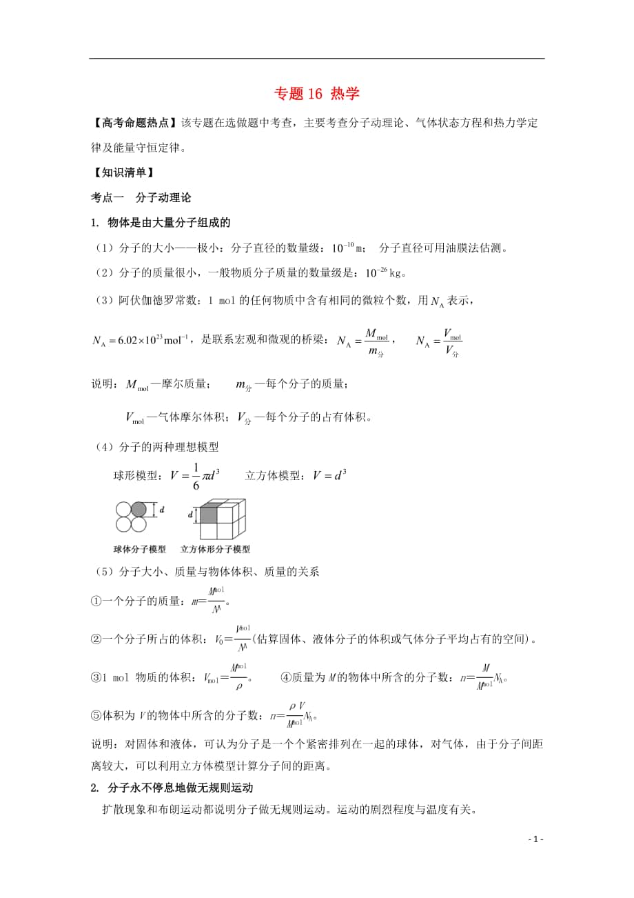 高考物理 熱點快速突破 選考部分 專題 熱學(xué)（無答案）_第1頁