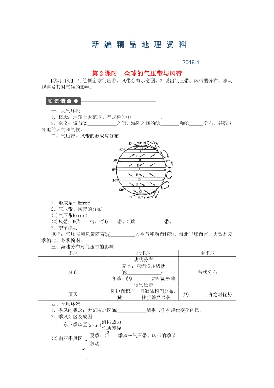 新編高中地理 第二單元 第2節(jié) 第2課時(shí) 全球的氣壓帶與風(fēng)帶課時(shí)作業(yè) 魯教版必修1_第1頁